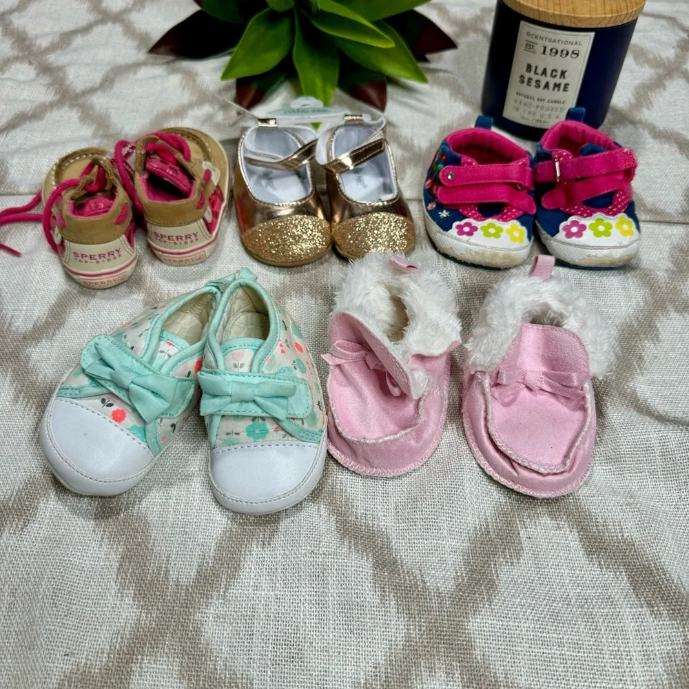 Sperry Baby Walker Shoes Bundle Pink Gold Glitter Floral 0-6M Size 1-2